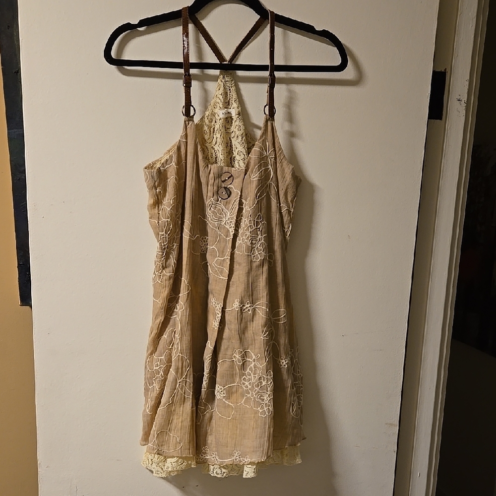 Blu Pepper Tan Lace Top With Leather Straps